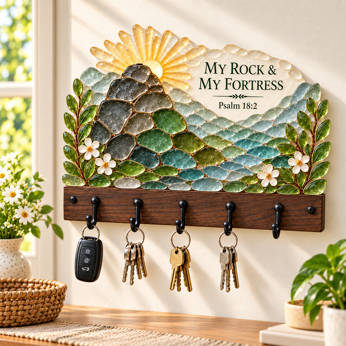 🌿 Faith-Inspired Sea Glass Wall Key Holder – Scripture Art with 5 Hooks 🔑