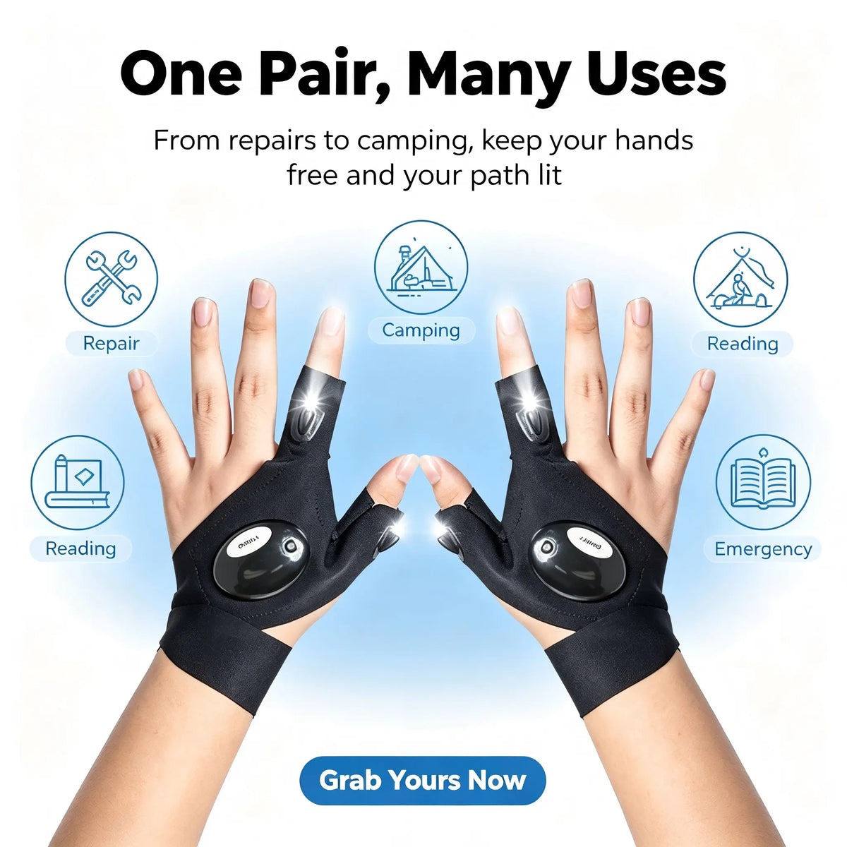 Multiple uses for LED finger flashlight gloves
