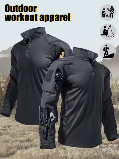 Men's Long-Sleeve Multi-Pocket Breathable Fabric Sports Training Combat T-Shirt