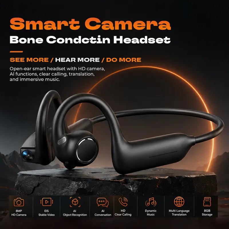E12 Bone Conduction Bluetooth Headphones With 8MP EIS Stabilized Camera, 160+ Languages Instant Translation