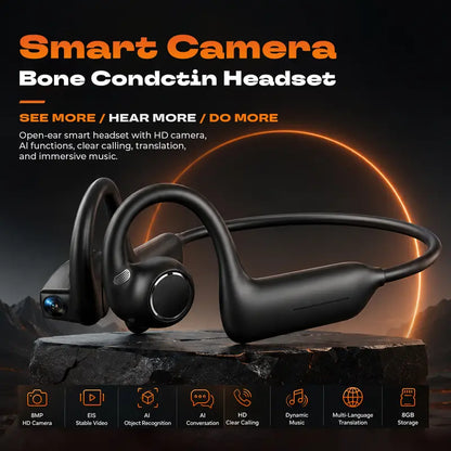 E12 Bone Conduction Bluetooth Headphones With 8MP EIS Stabilized Camera, 160+ Languages Instant Translation