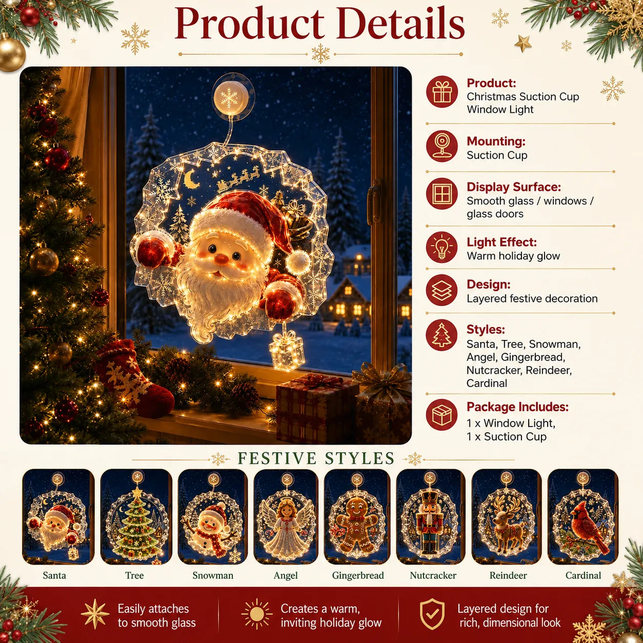 ⏳ Last Day 49% OFF – 🎄Lighted Christmas Window Decoration with Suction Cup | Warm LED Window Light with Double-Layer Design & Multiple Festive Styles ✨