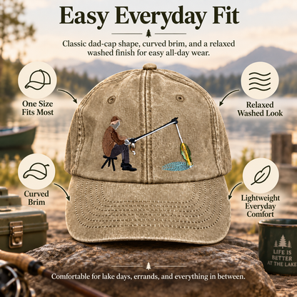 🎣🧢 Catch of the Day Interactive Fishing Cap –🎁 Vintage Washed Moving Fish Hat