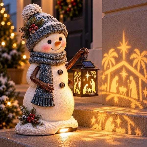 Snowman holding Nativity inspired Christmas lantern