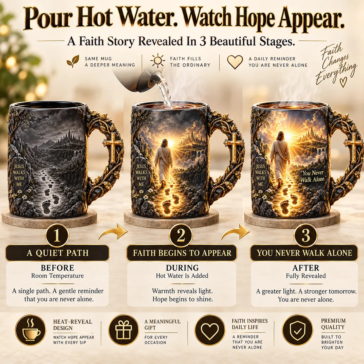 ✝️ Jesus Walks With Me Heat-Reveal Faith Mug – Colour-Changing Christian Coffee Cup with Cross Handle ☕✨