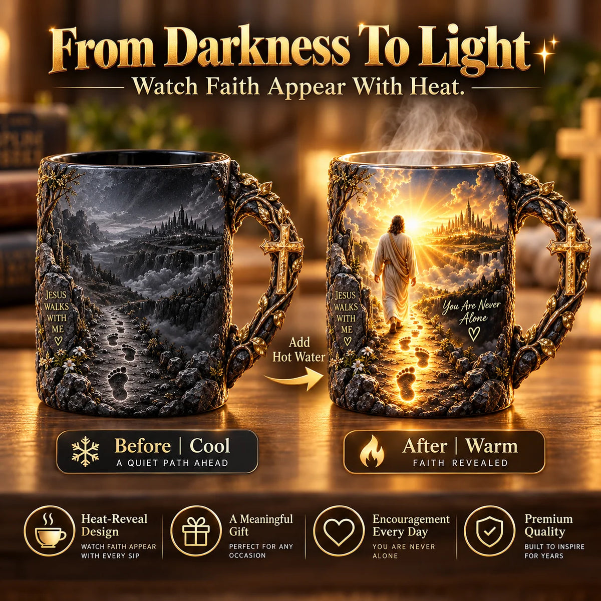 ✝️ Jesus Walks With Me Heat-Reveal Faith Mug – Colour-Changing Christian Coffee Cup with Cross Handle ☕✨
