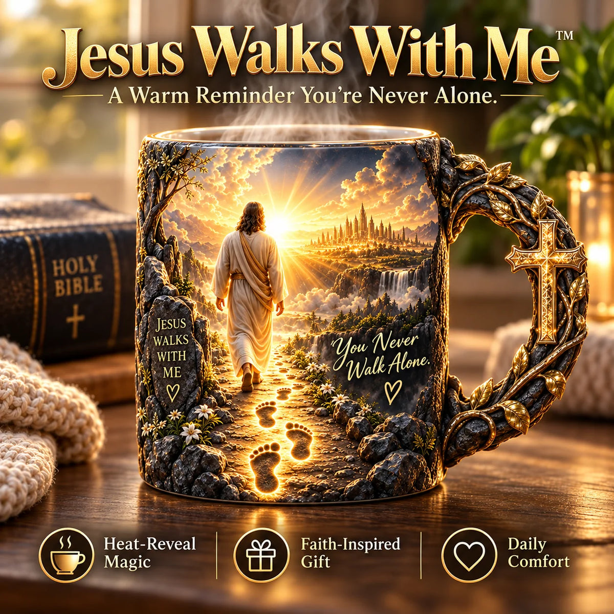✝️ Jesus Walks With Me Heat-Reveal Faith Mug – Colour-Changing Christian Coffee Cup with Cross Handle ☕✨