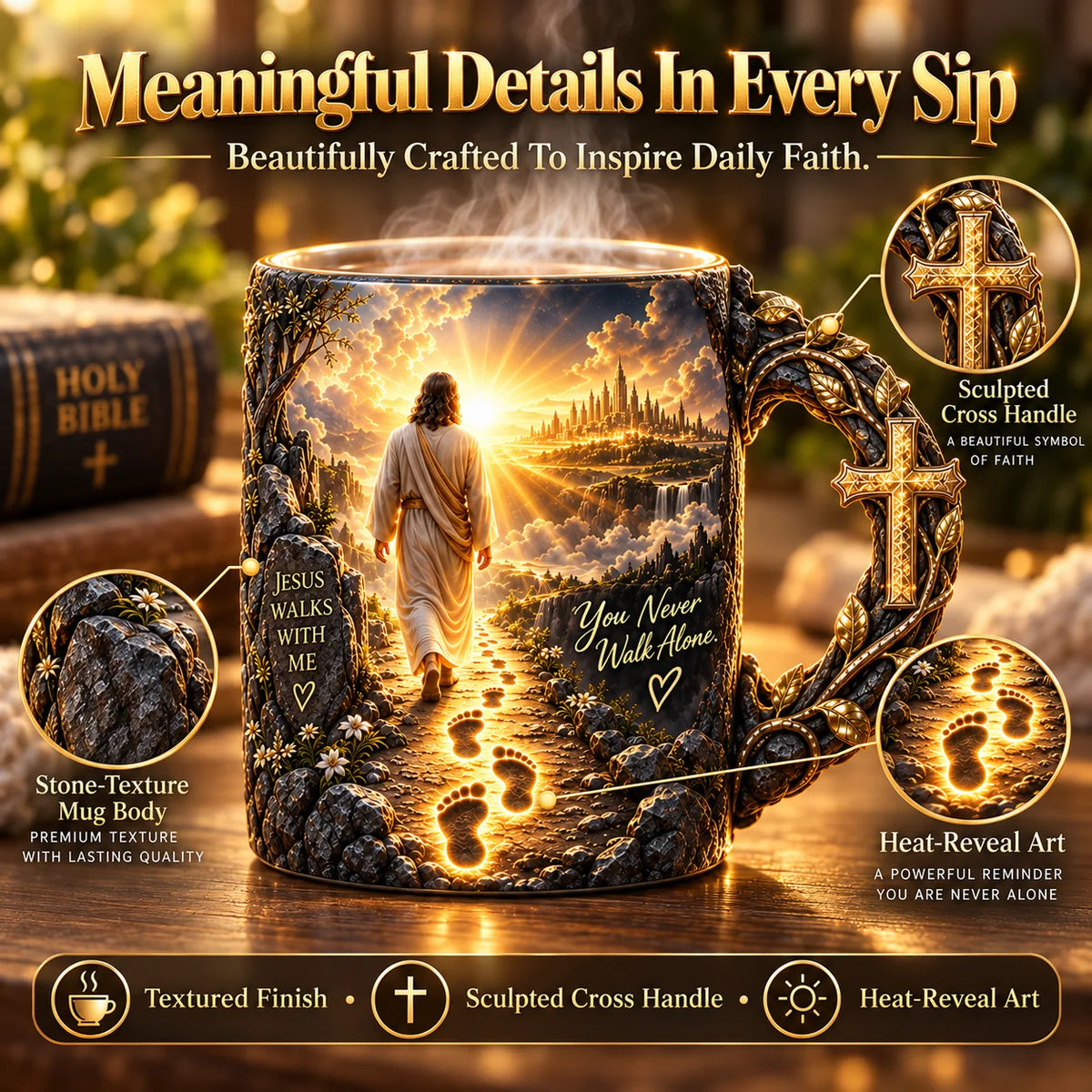 ✝️ Jesus Walks With Me Heat-Reveal Faith Mug – Colour-Changing Christian Coffee Cup with Cross Handle ☕✨