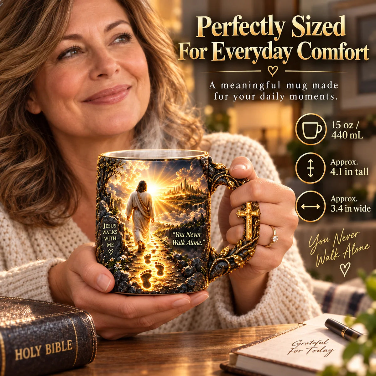 ✝️ Jesus Walks With Me Heat-Reveal Faith Mug – Colour-Changing Christian Coffee Cup with Cross Handle ☕✨
