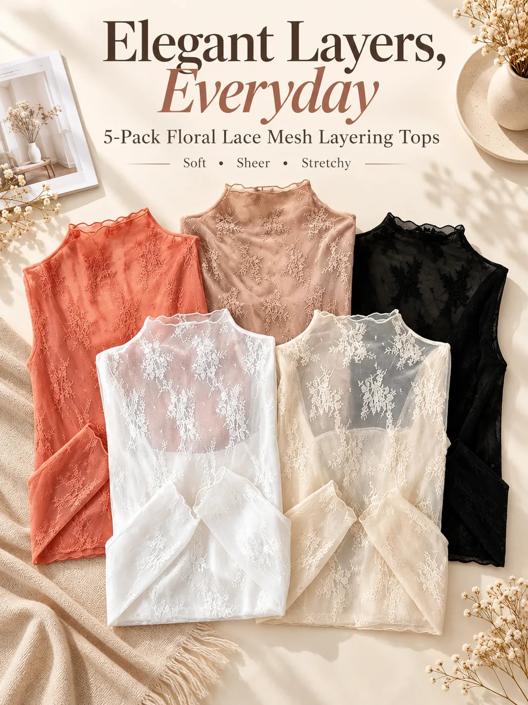 🌸 Floral Lace Mesh Tops | Elegant Layering Set