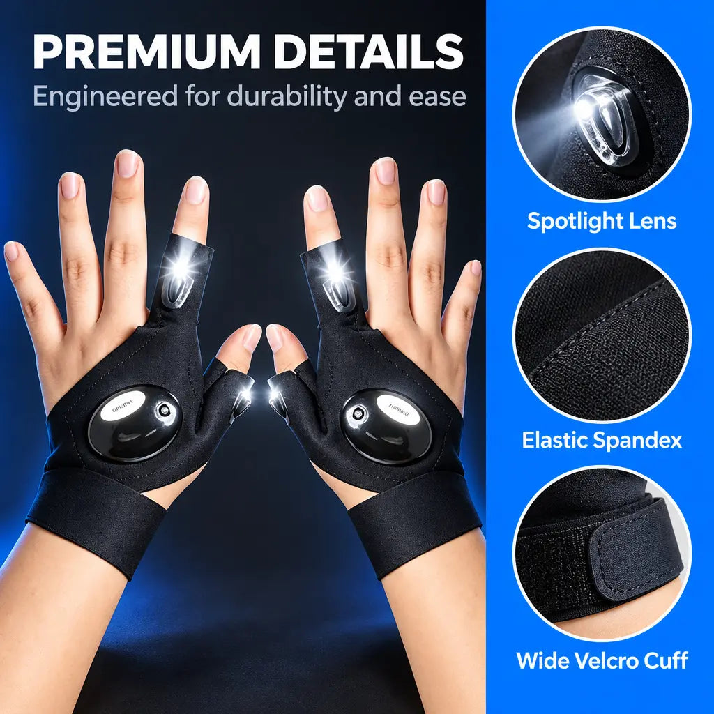 LED flashlight glove fabric wrist strap and lens details
