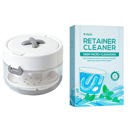🦷Retainer Cleaner Soak Box with Drain Tray Mirror Brush Travel Storage Case