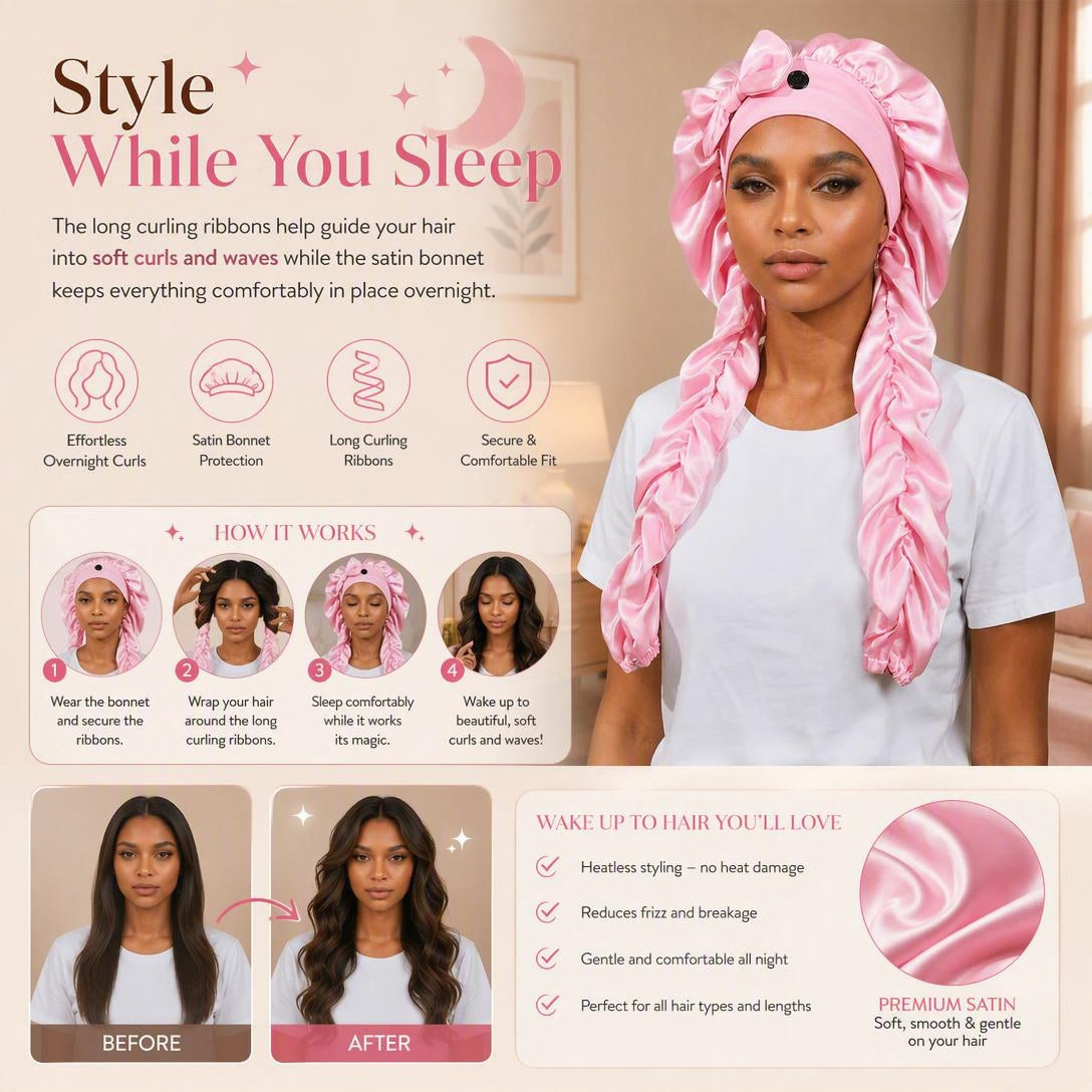 Satin Sleep Bonnet with Long Curling Ribbons for Heatless Curls