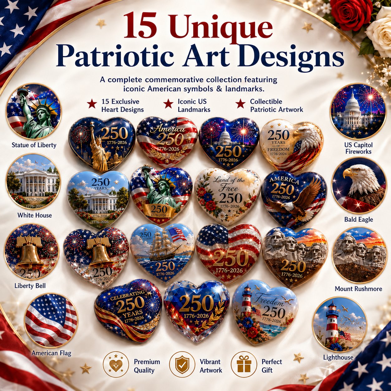 🇺🇸 250th Anniversary Commemorative Heart Ornament Collection | 15-Piece Patriotic Keepsake Set🎁Buy 2 Free Shipping