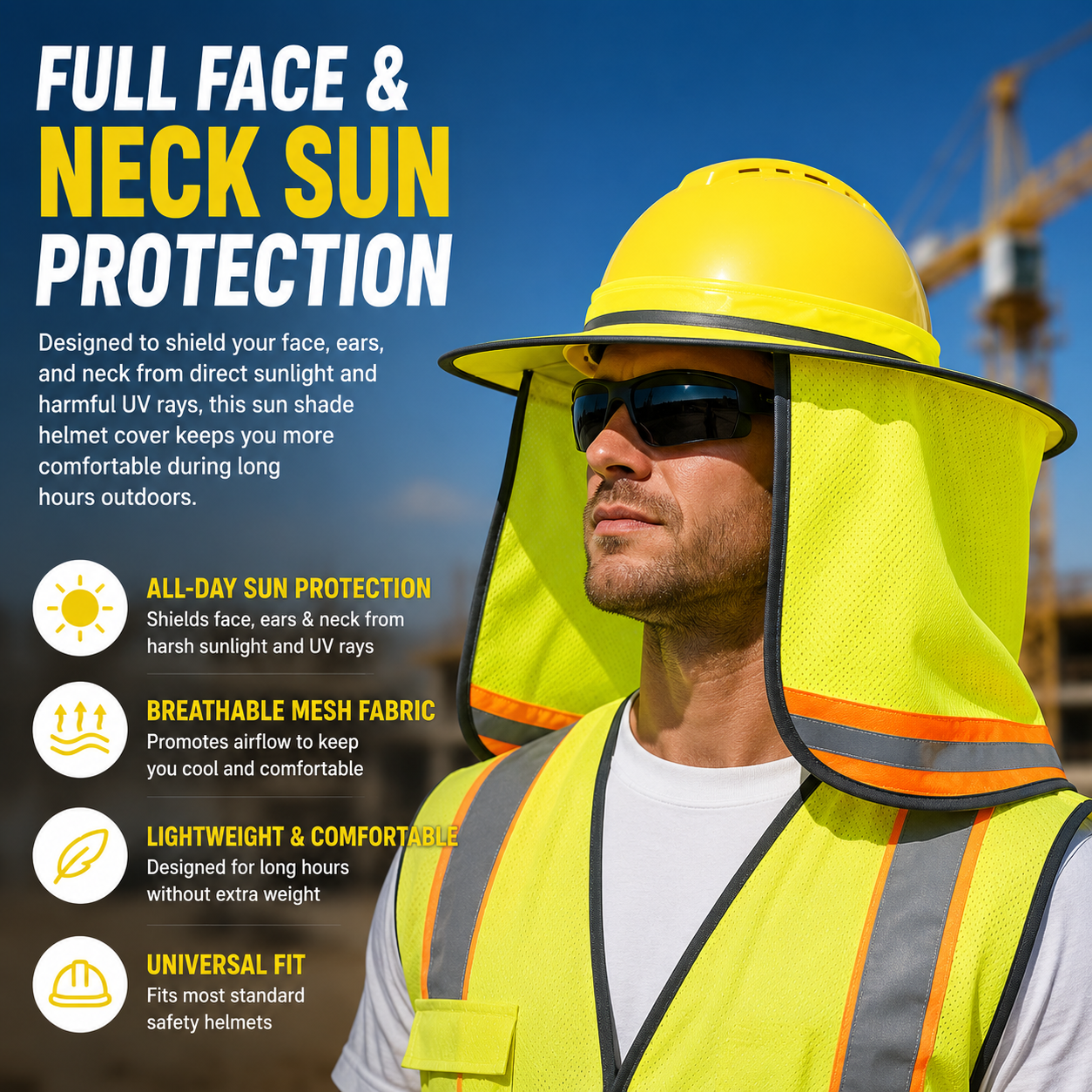 ☀️Full Brim Hard Hat Sun Shade with Reflective Stripe