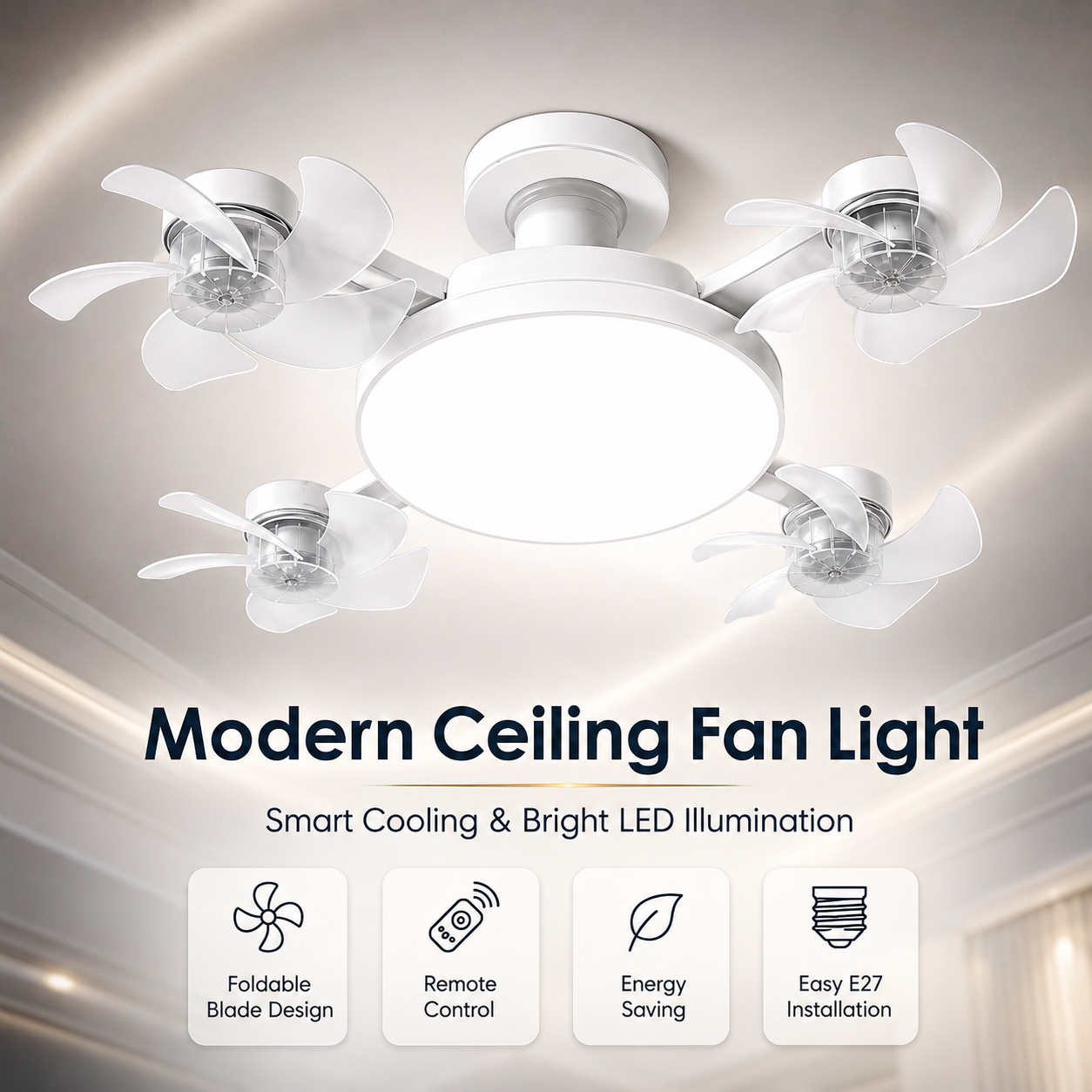 🌀 E27 Ceiling Fan Light | Silent LED with Remote