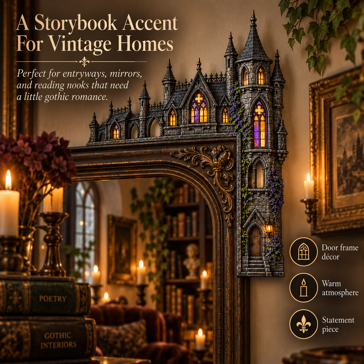 Gothic castle door topper styled with vintage books and candles