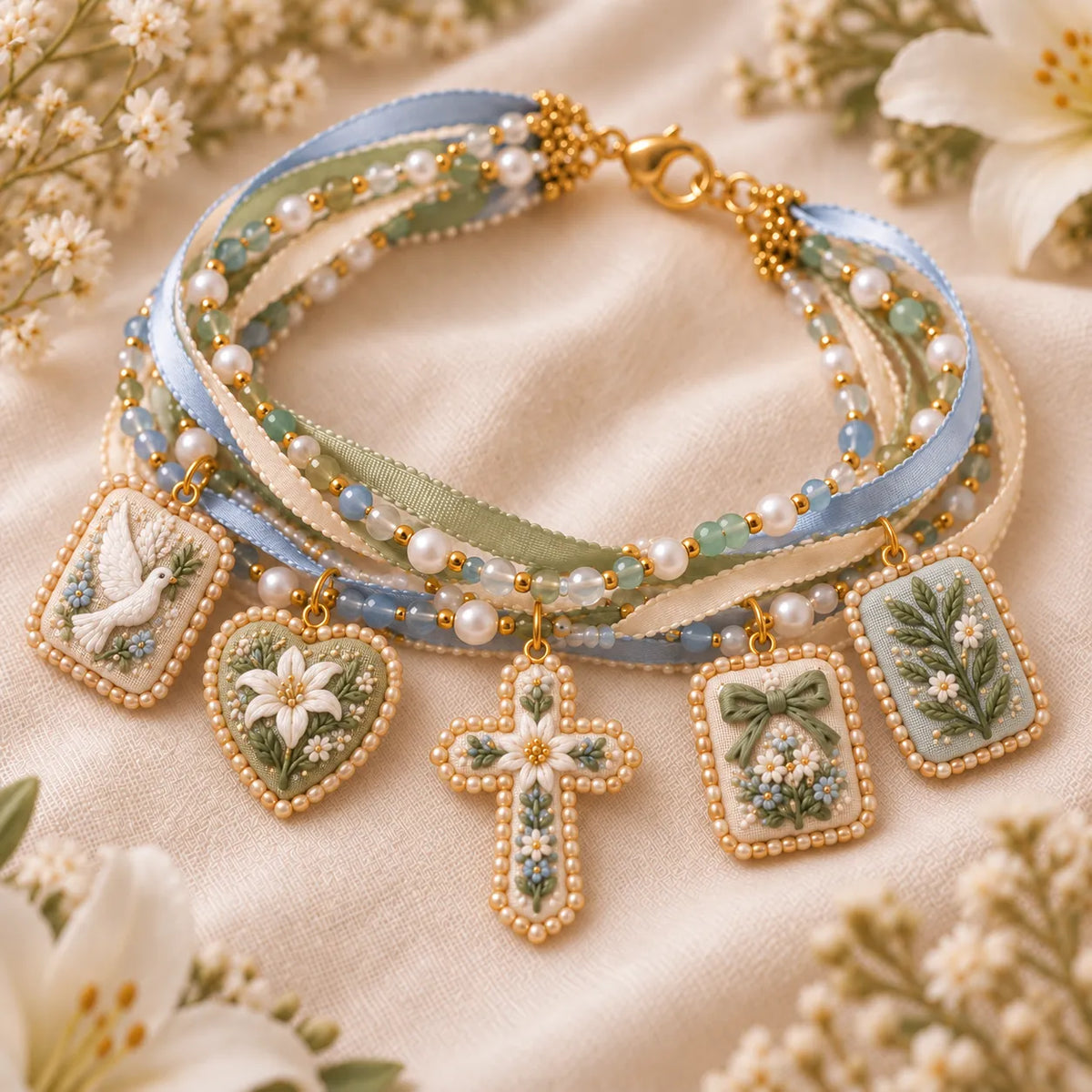 Faith cross embroidered floral charm bracelet