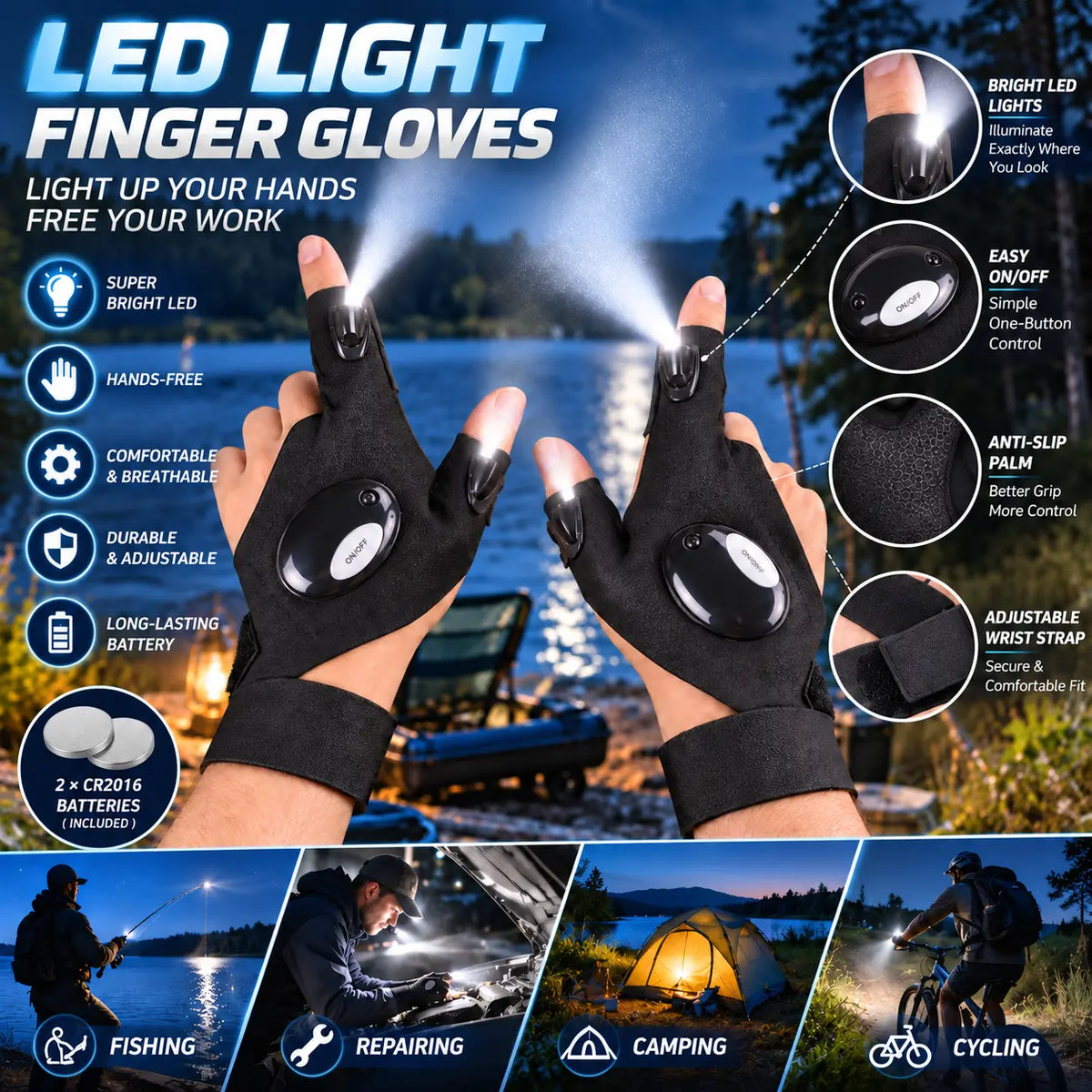 LED Finger Flashlight Gloves for fishing repair camping