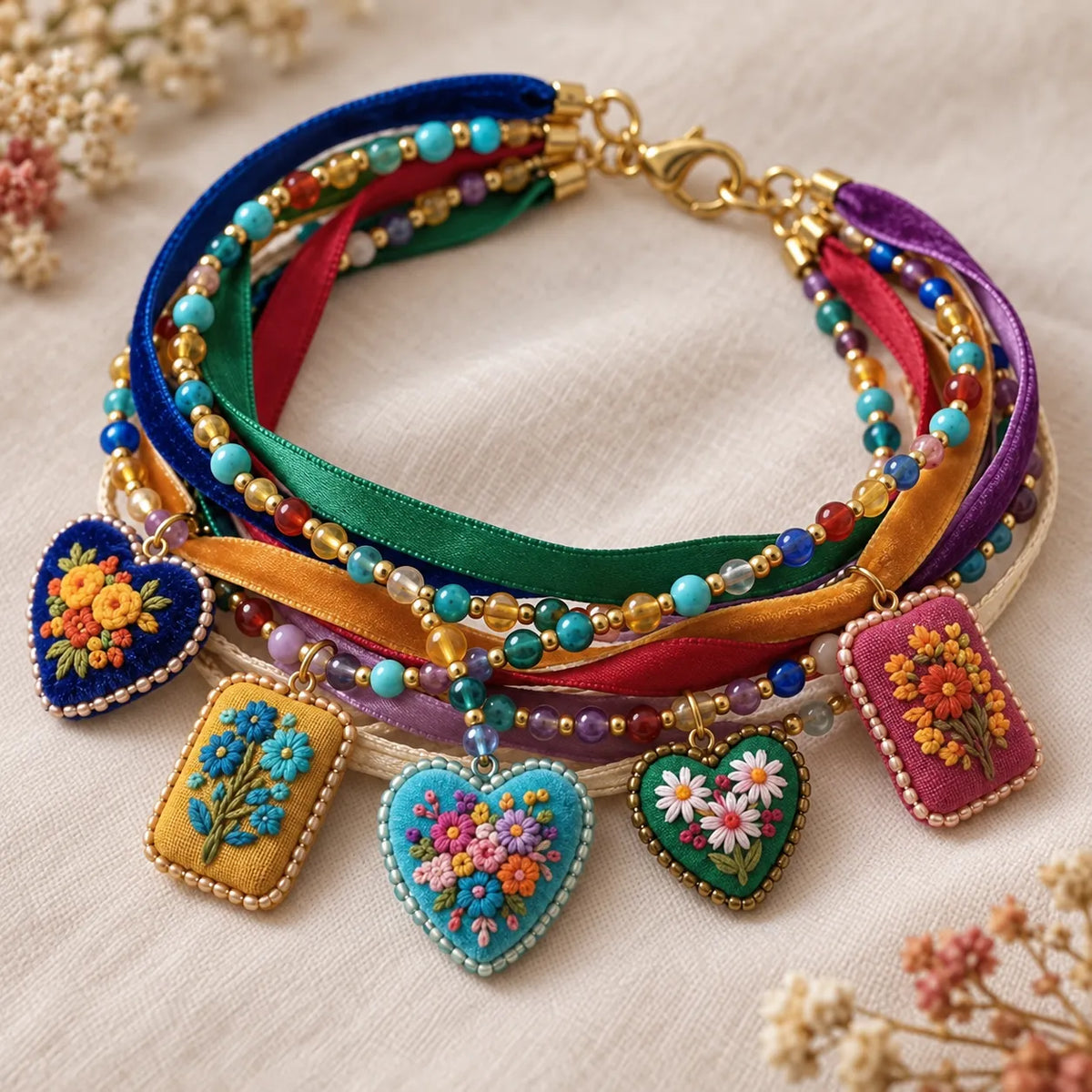 Colorful boho embroidered charm bracelet