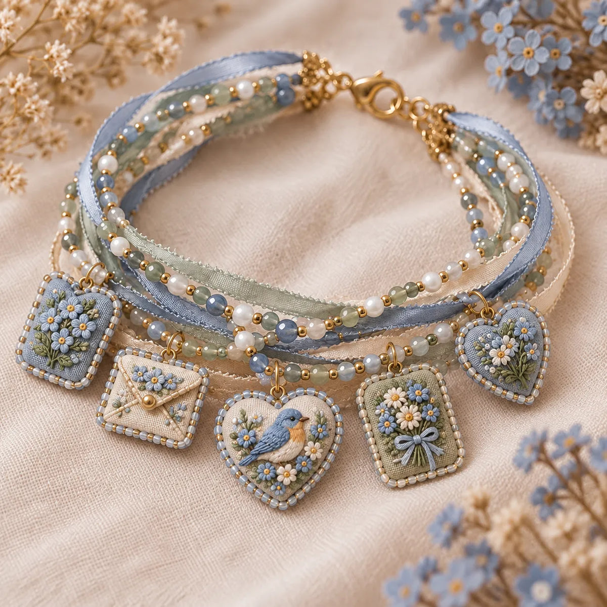 🌸 Embroidered Floral Charm Bracelet DIY Kit