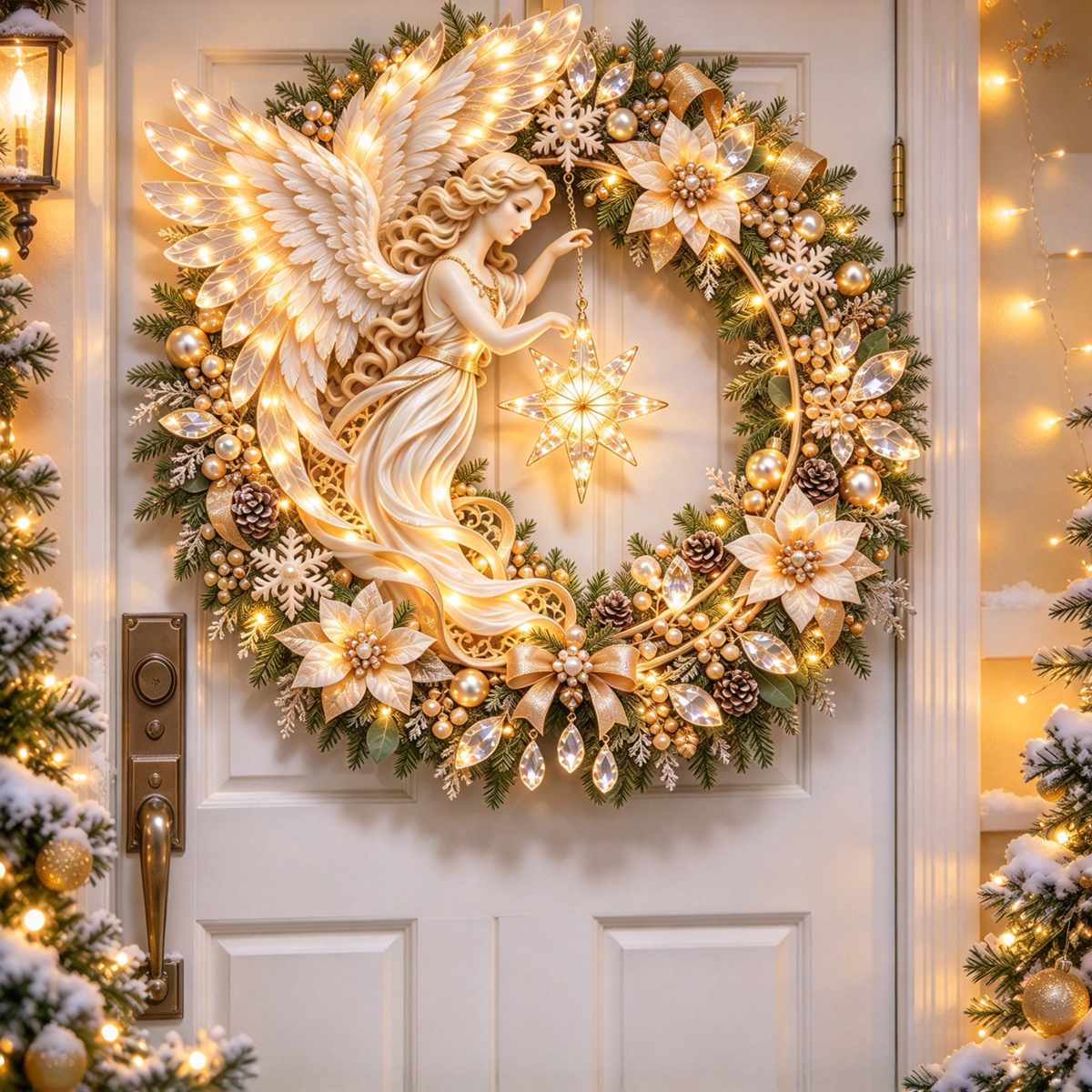 Angel Christmas wreath on white front door