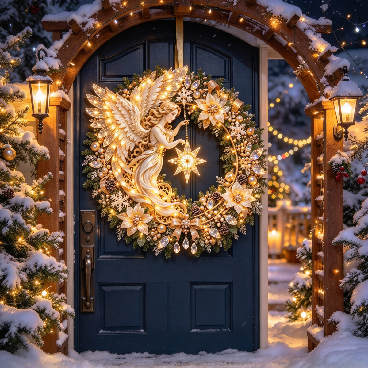 Angel Christmas wreath glowing on snowy winter night