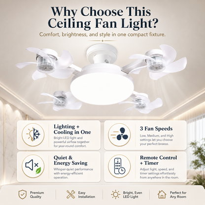 🌀 E27 Ceiling Fan Light | Silent LED with Remote