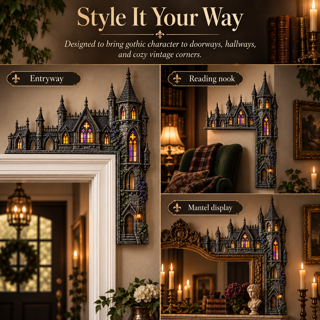 Gothic Castle Door Topper used on entryway reading nook and mantel