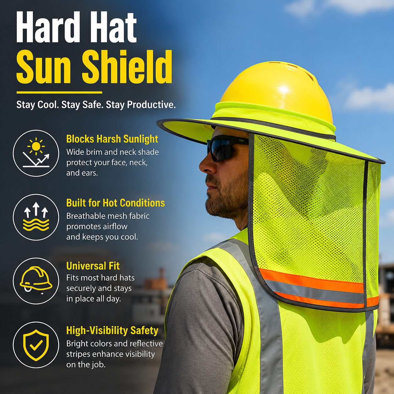 ☀️Full Brim Hard Hat Sun Shade with Reflective Stripe
