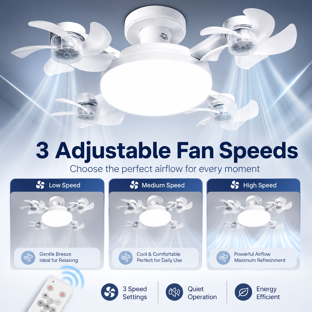 🌀 E27 Ceiling Fan Light | Silent LED with Remote