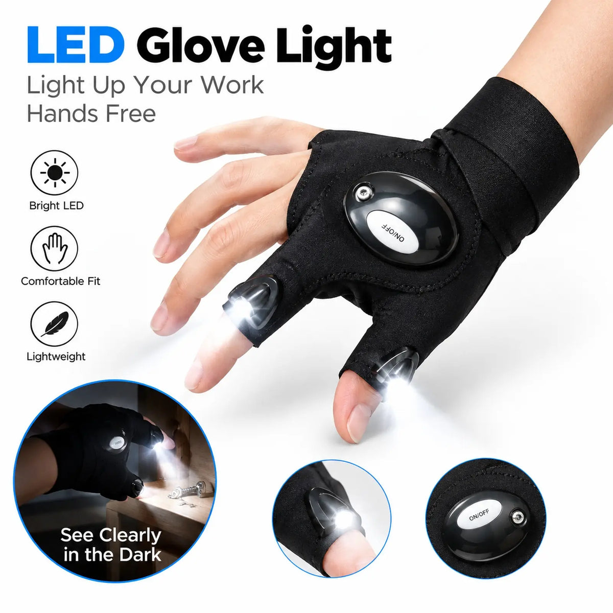 LED finger flashlight glove close product view