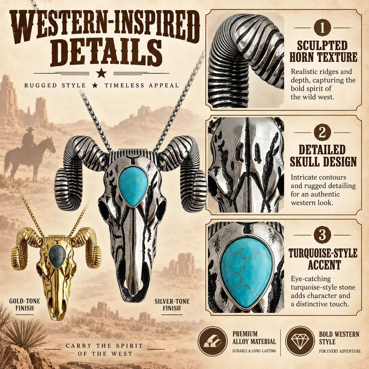 🐐 ✨ Western Skull Pendant Necklace & Belt Clip