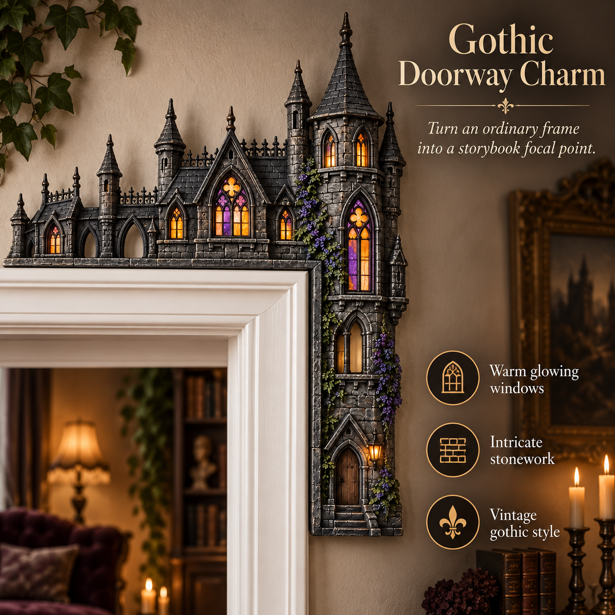 Gothic Castle Door Topper displayed around a doorway