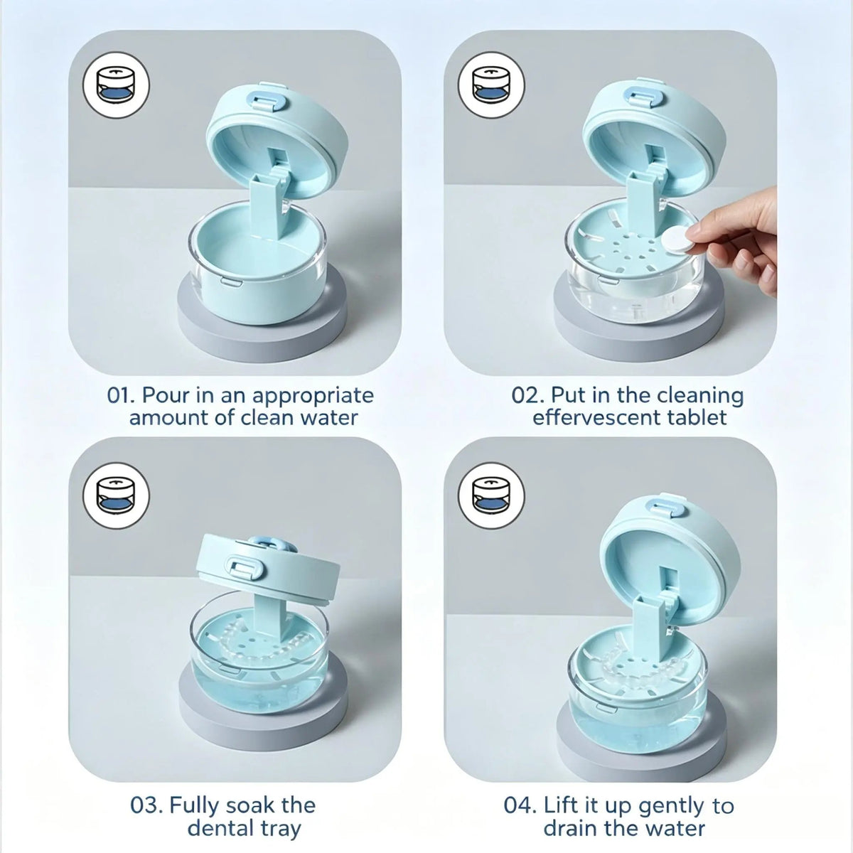 🦷Retainer Cleaner Soak Box with Drain Tray Mirror Brush Travel Storage Case