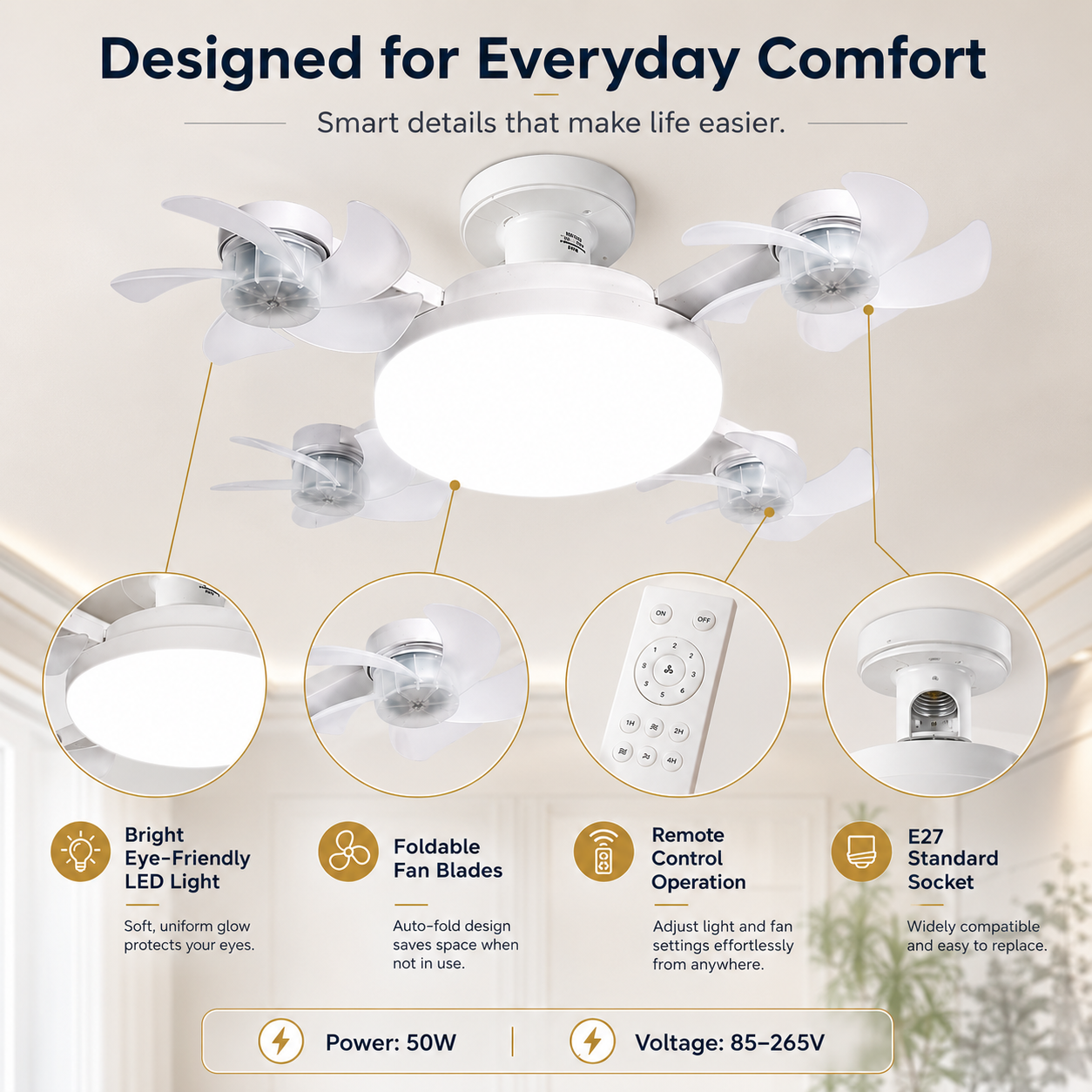🌀 E27 Ceiling Fan Light | Silent LED with Remote