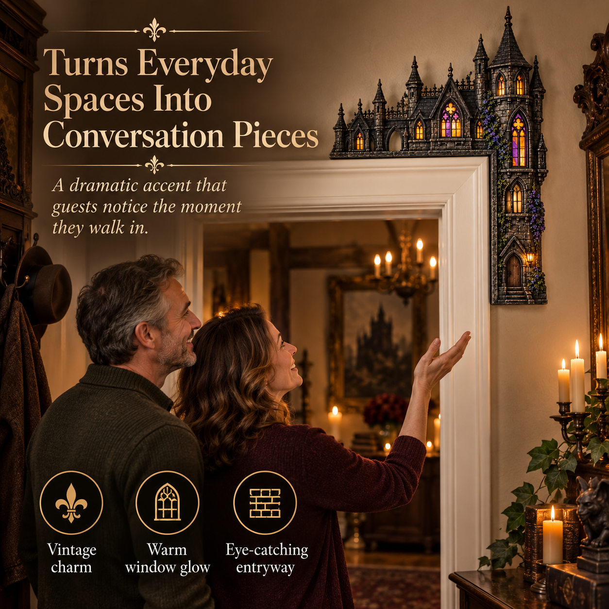 Couple viewing Gothic Castle Door Topper