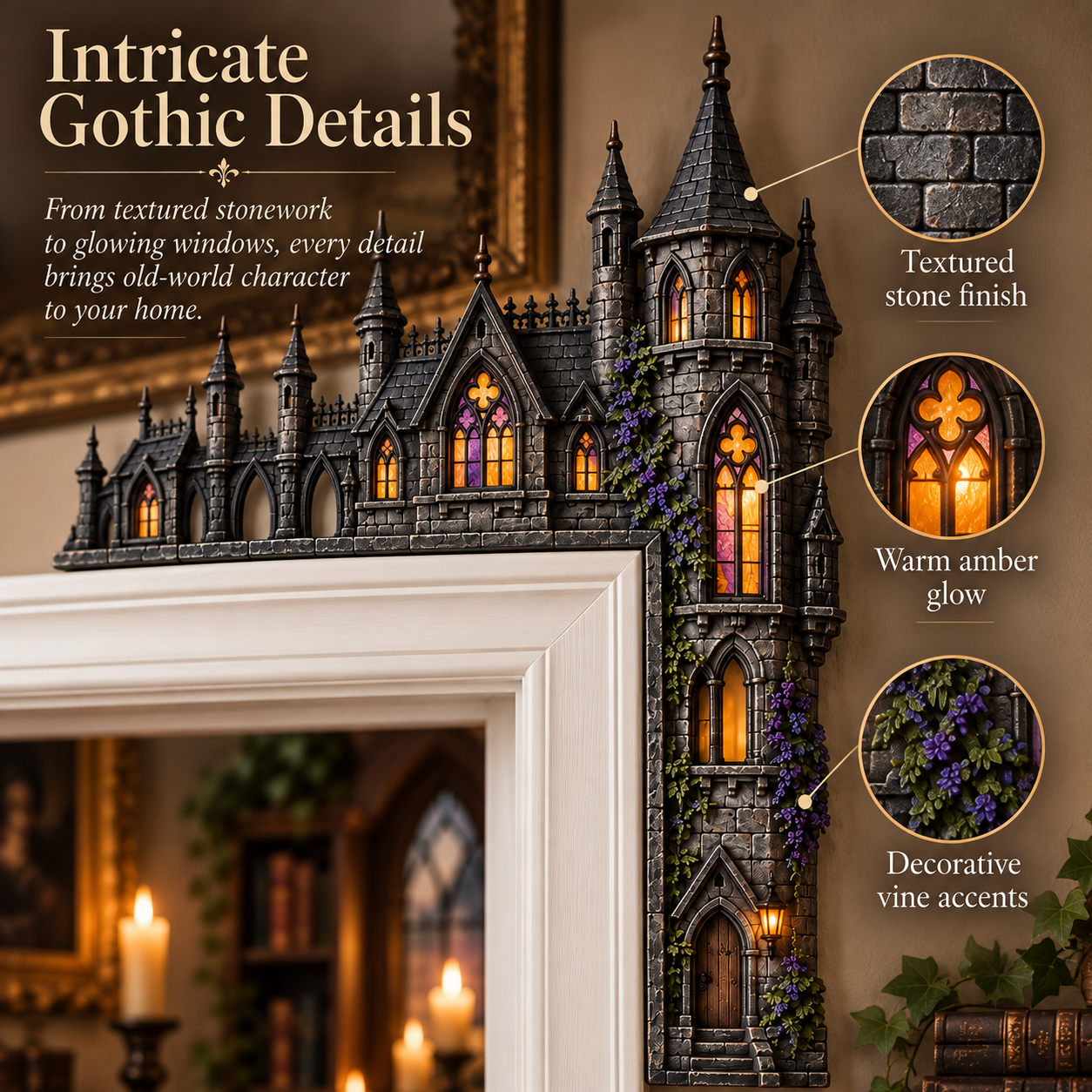 Close-up gothic castle architectural detailing