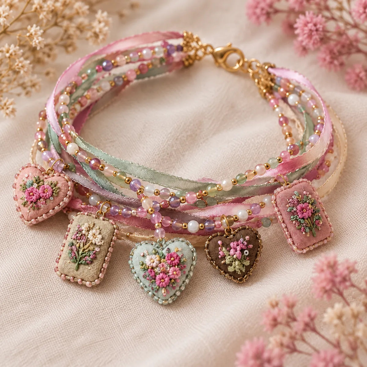 Embroidered Floral Charm Bracelet