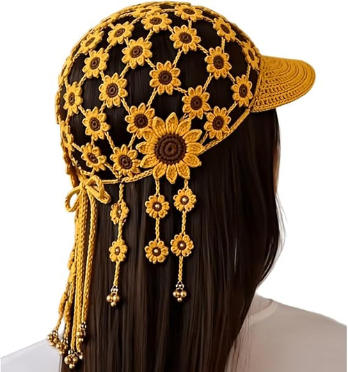 Hand‑Crocheted Sunflower Hollow Baseball Cap Bohemian Tassel Bell Hat