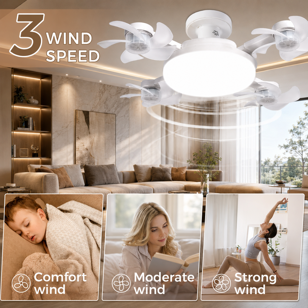 🌀 E27 Ceiling Fan Light | Silent LED with Remote