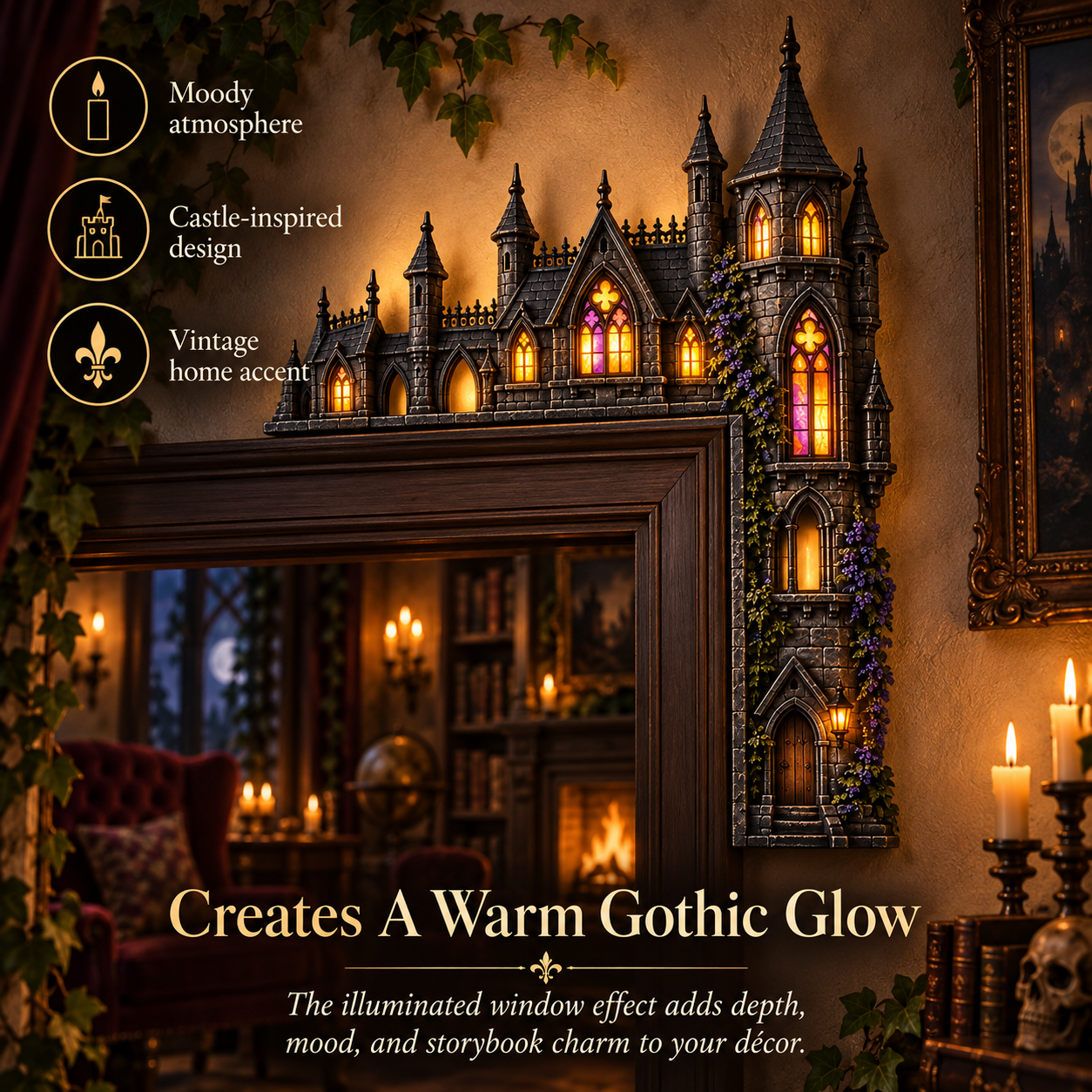 Gothic castle doorway decor in warm dark interior
