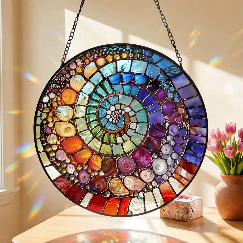 🌊 Ocean Spiral Stained Glass Suncatcher – Bring Coastal Colors & Rainbow Light Into Your Home