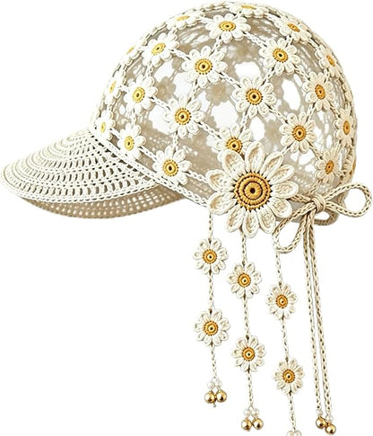 Hand‑Crocheted Sunflower Hollow Baseball Cap Bohemian Tassel Bell Hat