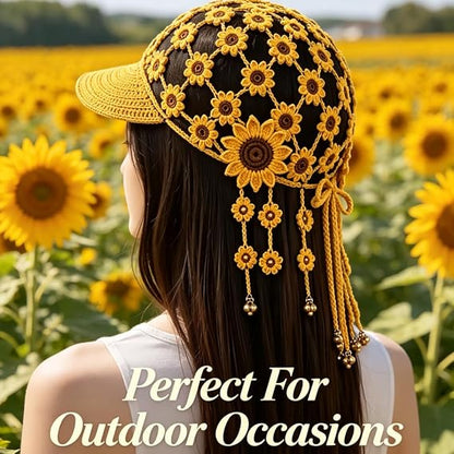 Hand‑Crocheted Sunflower Hollow Baseball Cap Bohemian Tassel Bell Hat