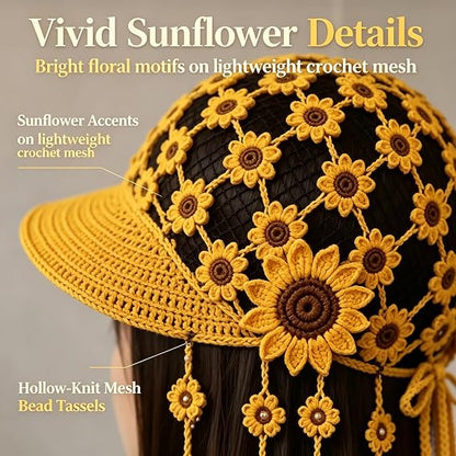 Hand‑Crocheted Sunflower Hollow Baseball Cap Bohemian Tassel Bell Hat