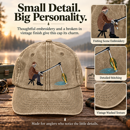 🎣🧢 Catch of the Day Interactive Fishing Cap –🎁 Vintage Washed Moving Fish Hat