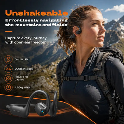E12 Bone Conduction Bluetooth Headphones With 8MP EIS Stabilized Camera, 160+ Languages Instant Translation