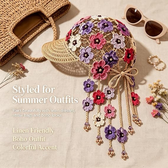 Hand‑Crocheted Sunflower Hollow Baseball Cap Bohemian Tassel Bell Hat