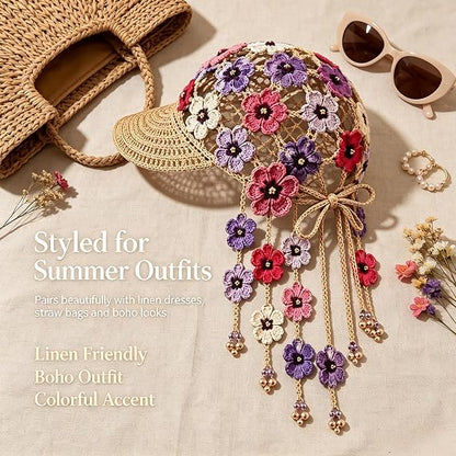Hand‑Crocheted Sunflower Hollow Baseball Cap Bohemian Tassel Bell Hat
